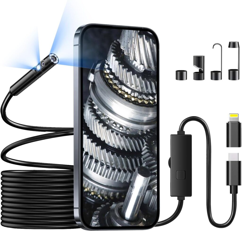 [Dual-Lens] Endoscope Camera with Light, 1920P Borescope Camera with 8+1 Adjustable LED Lights, Semi-Rigid Cable 16.5FT, IP67 Waterproof for iPhone, iPad, Samsung,Cool Gadgets for Men